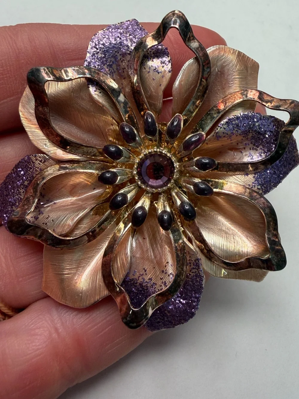 Vintage Floral Purple and Gold Statement Brooch